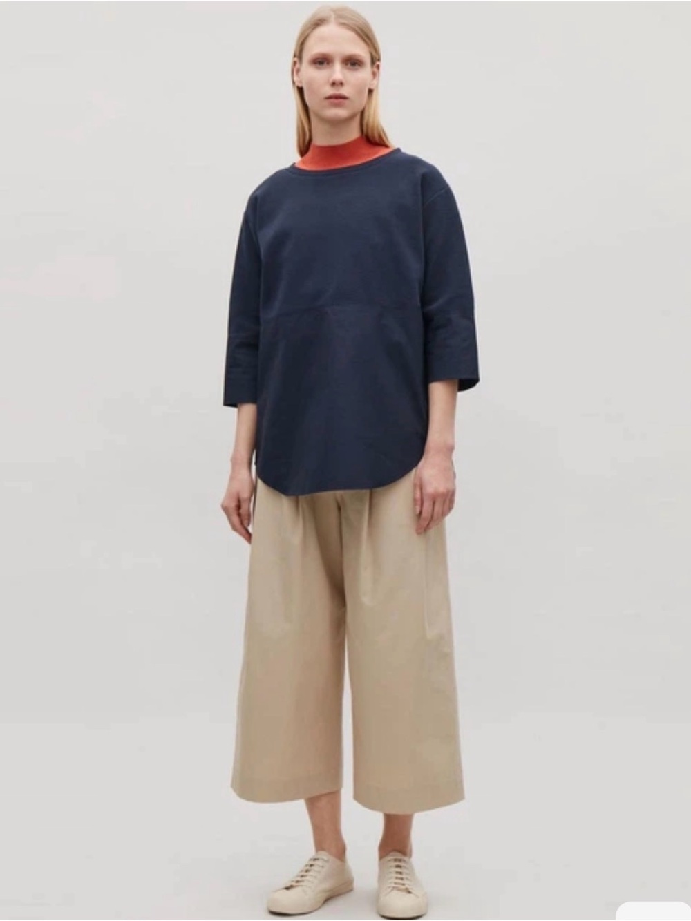 COS Navy Contrast Fabric 3/4 Sleeve Top M